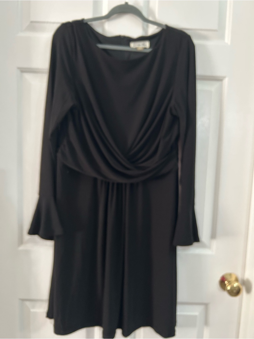 Long-Sleeve Black Draped Midi Dress
